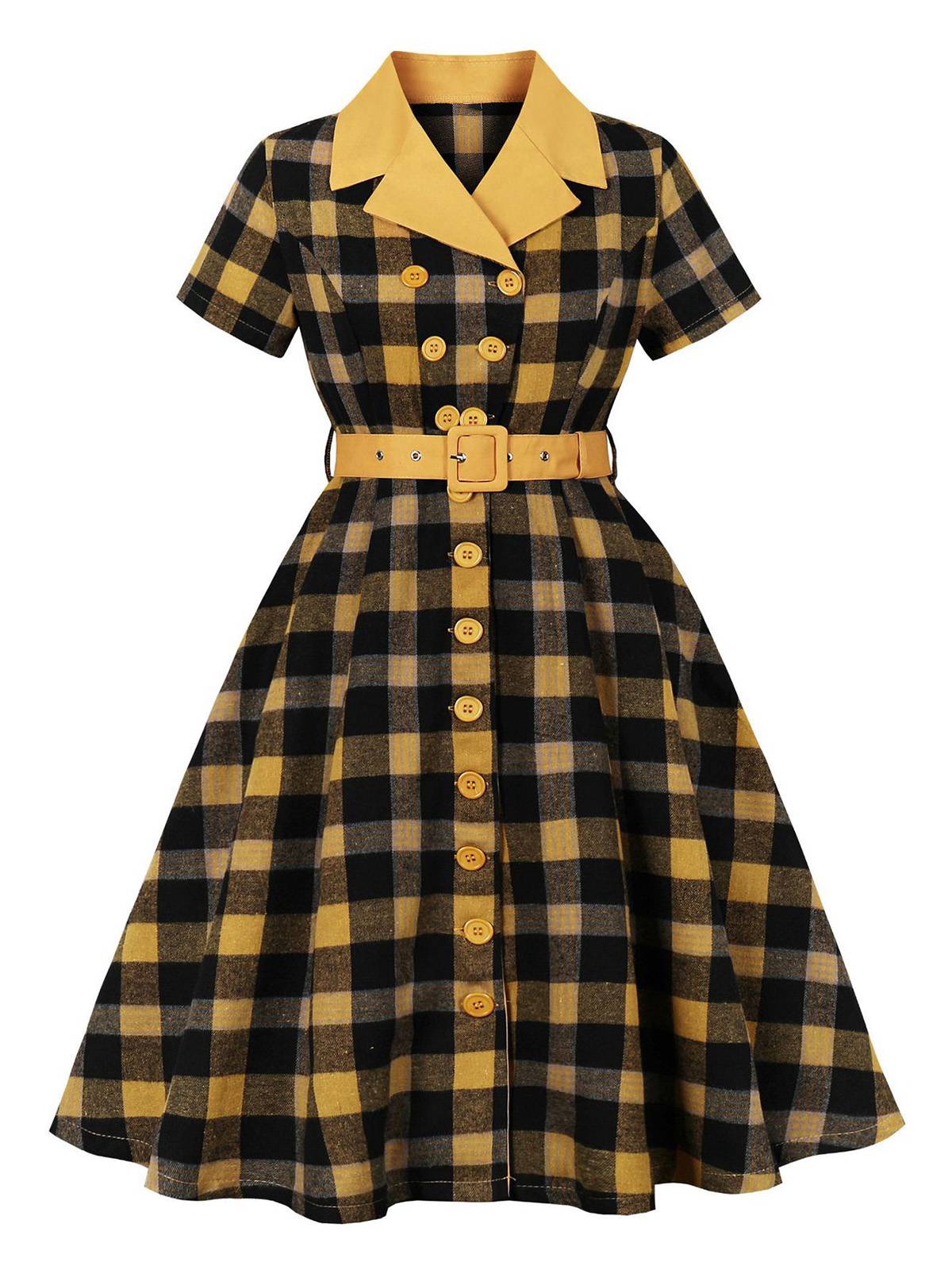 1950s Gingham Plaid Button Lapel Belted Dress - Image 3