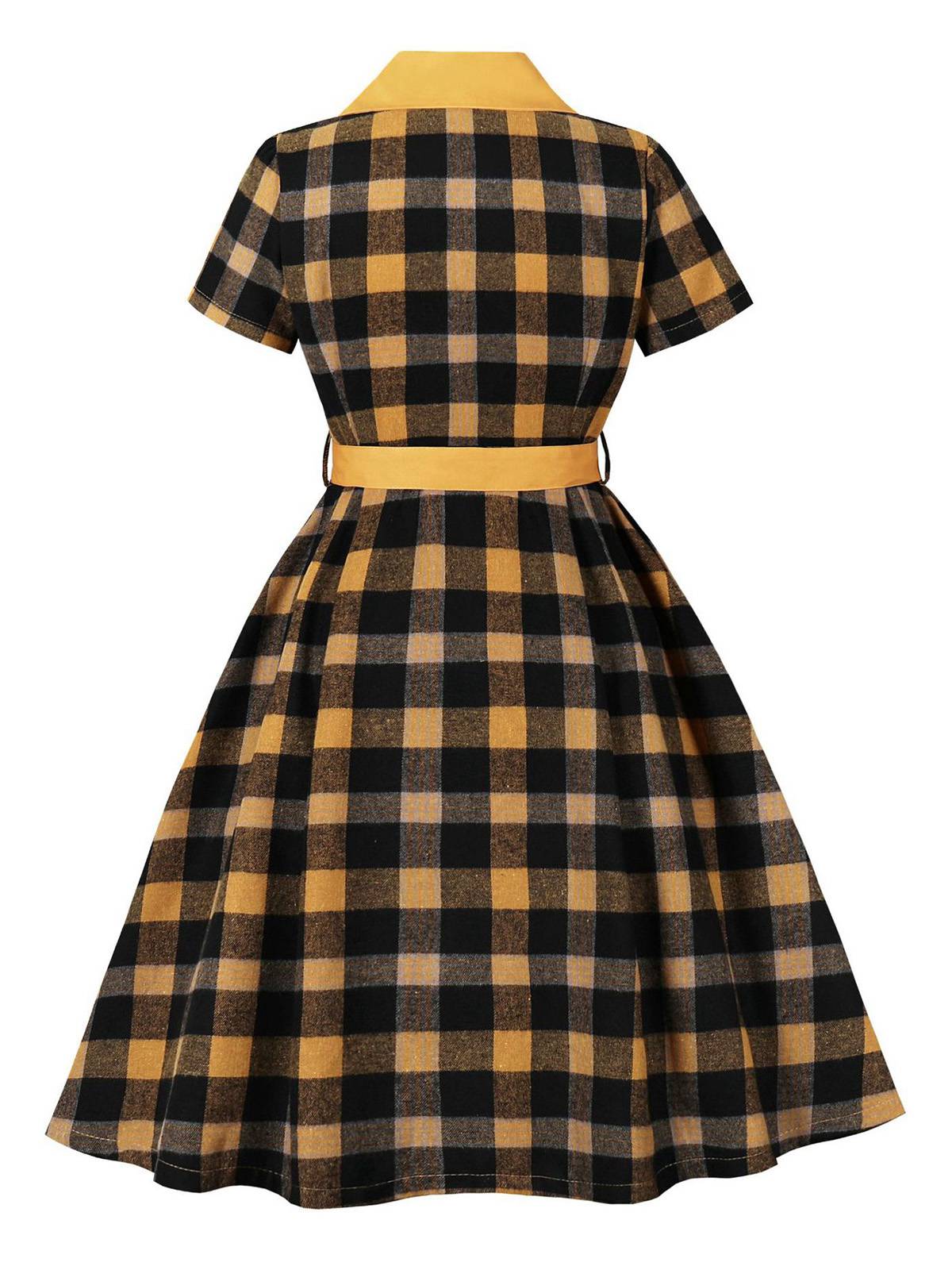 1950s Gingham Plaid Button Lapel Belted Dress - Image 4