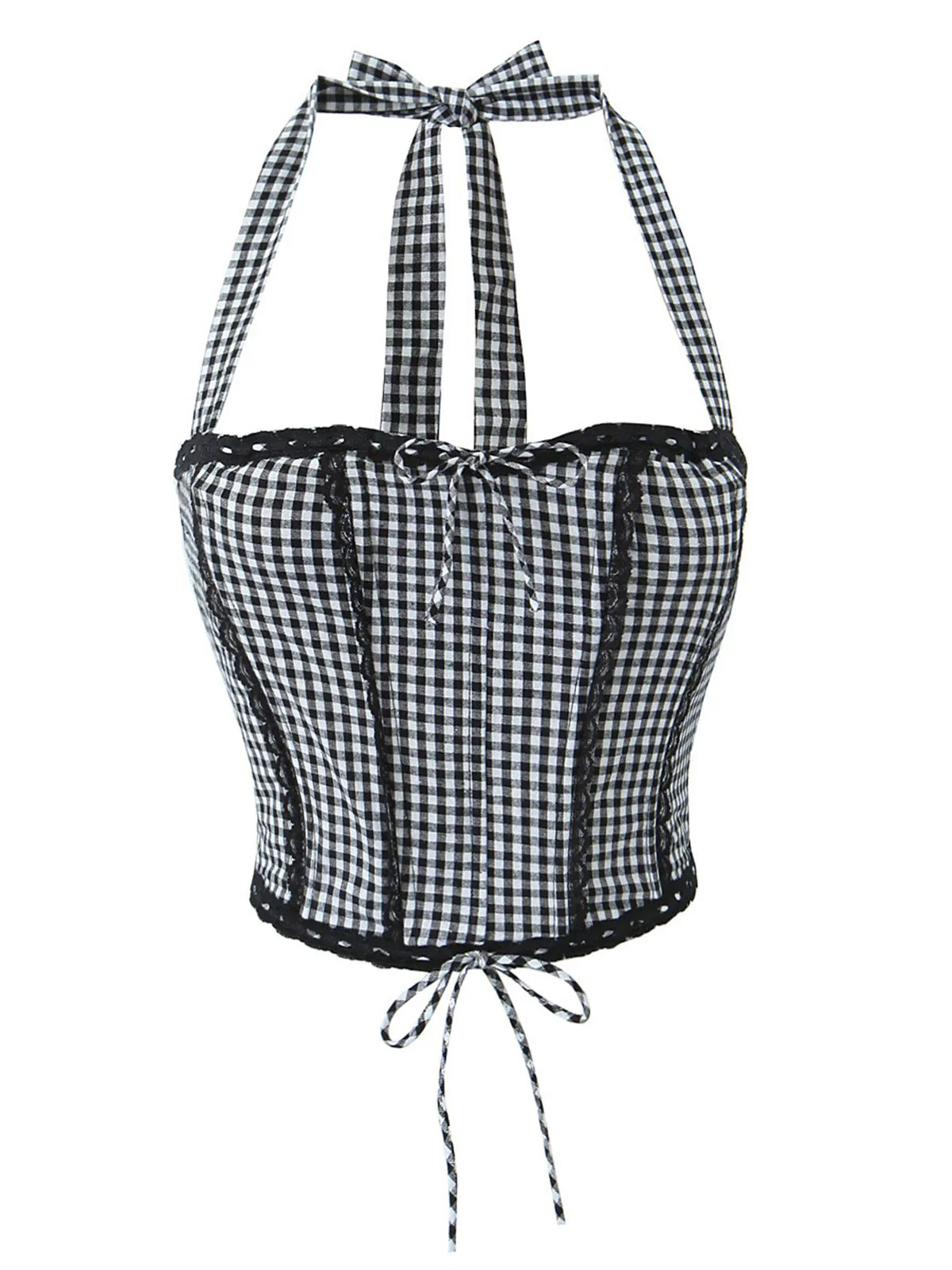 2PCS 1950s Gingham Plaid  Lace-Up Crop Camisole & Skirt - Image 2