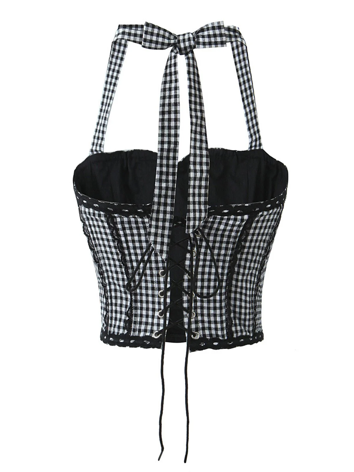2PCS 1950s Gingham Plaid  Lace-Up Crop Camisole & Skirt - Image 3