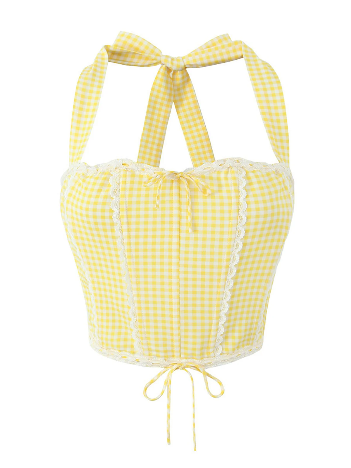 2PCS 1950s Gingham Plaid  Lace-Up Crop Camisole & Skirt - Image 8
