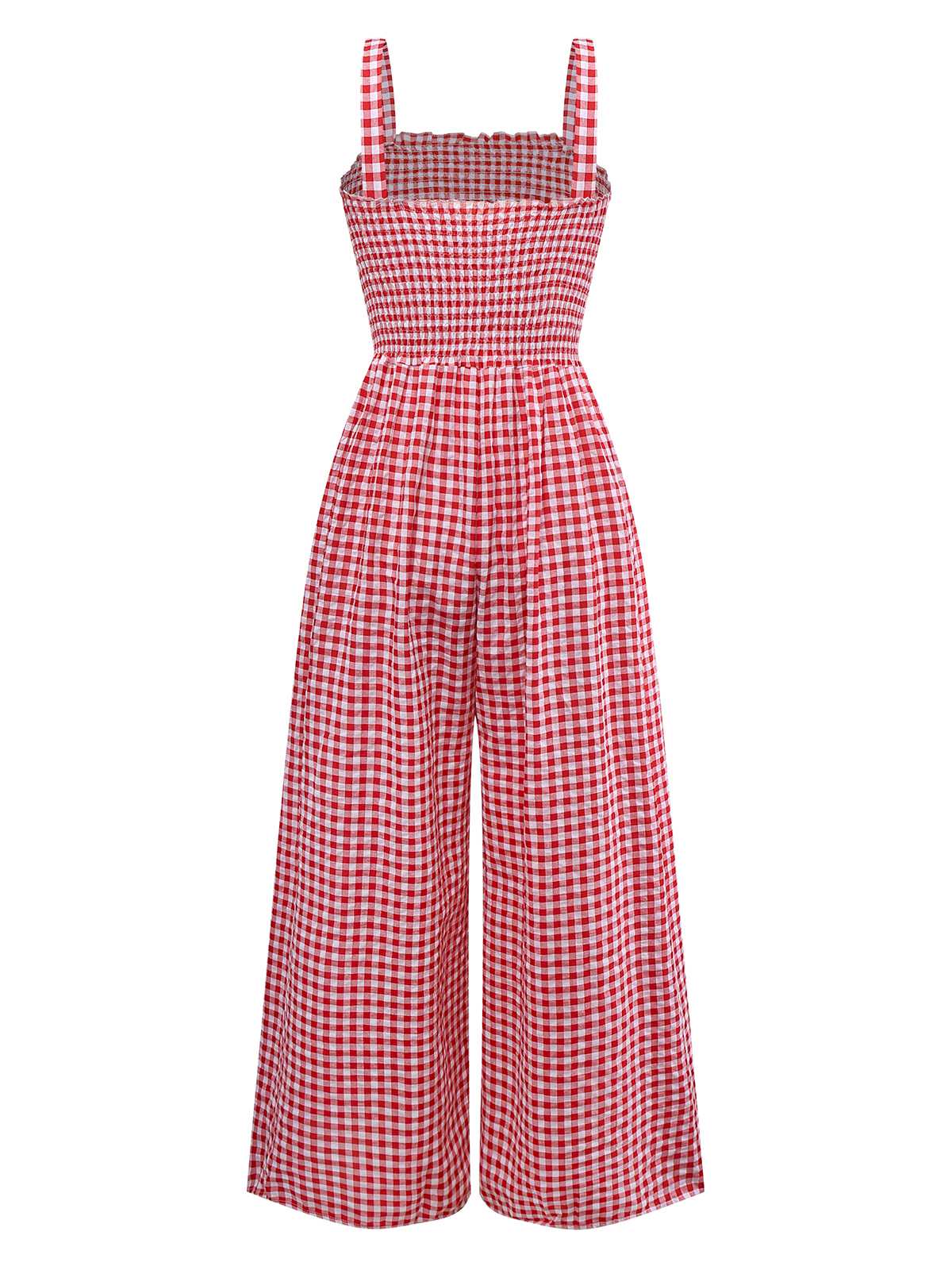 1950s Gingham Plaid Smocked Strap Jumpsuit - Image 2