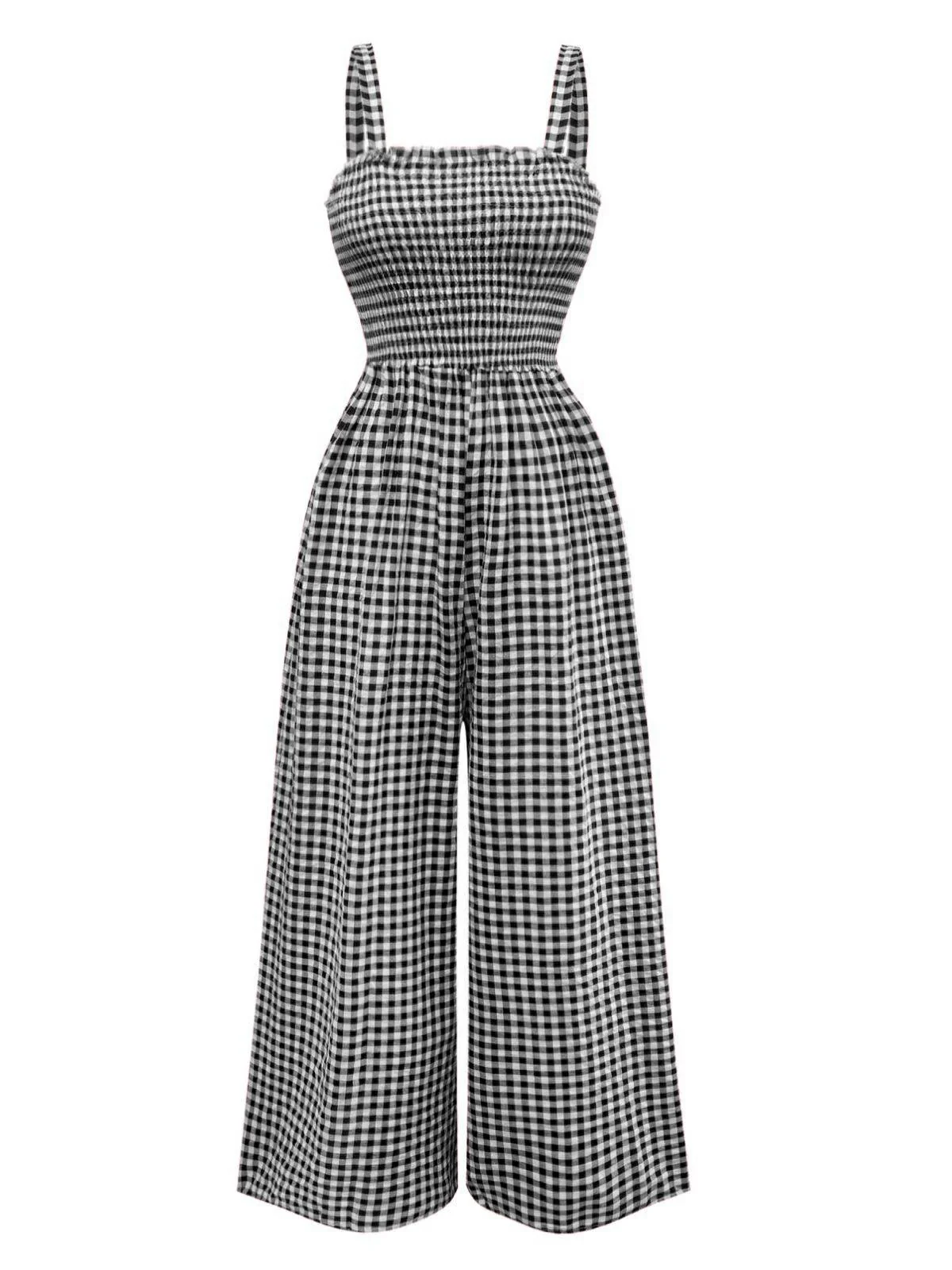 1950s Gingham Plaid Smocked Strap Jumpsuit - Image 4