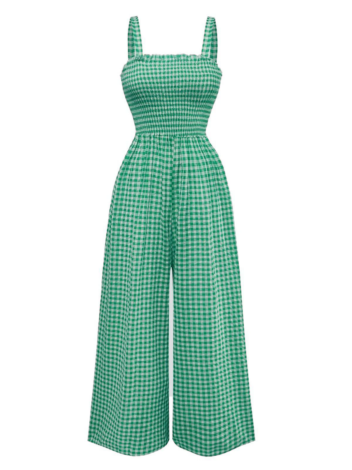 1950s Gingham Plaid Smocked Strap Jumpsuit - Image 5