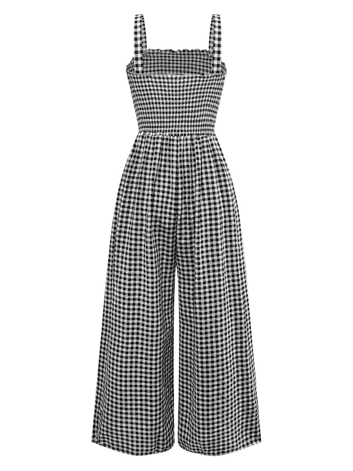 1950s Gingham Plaid Smocked Strap Jumpsuit - Image 8