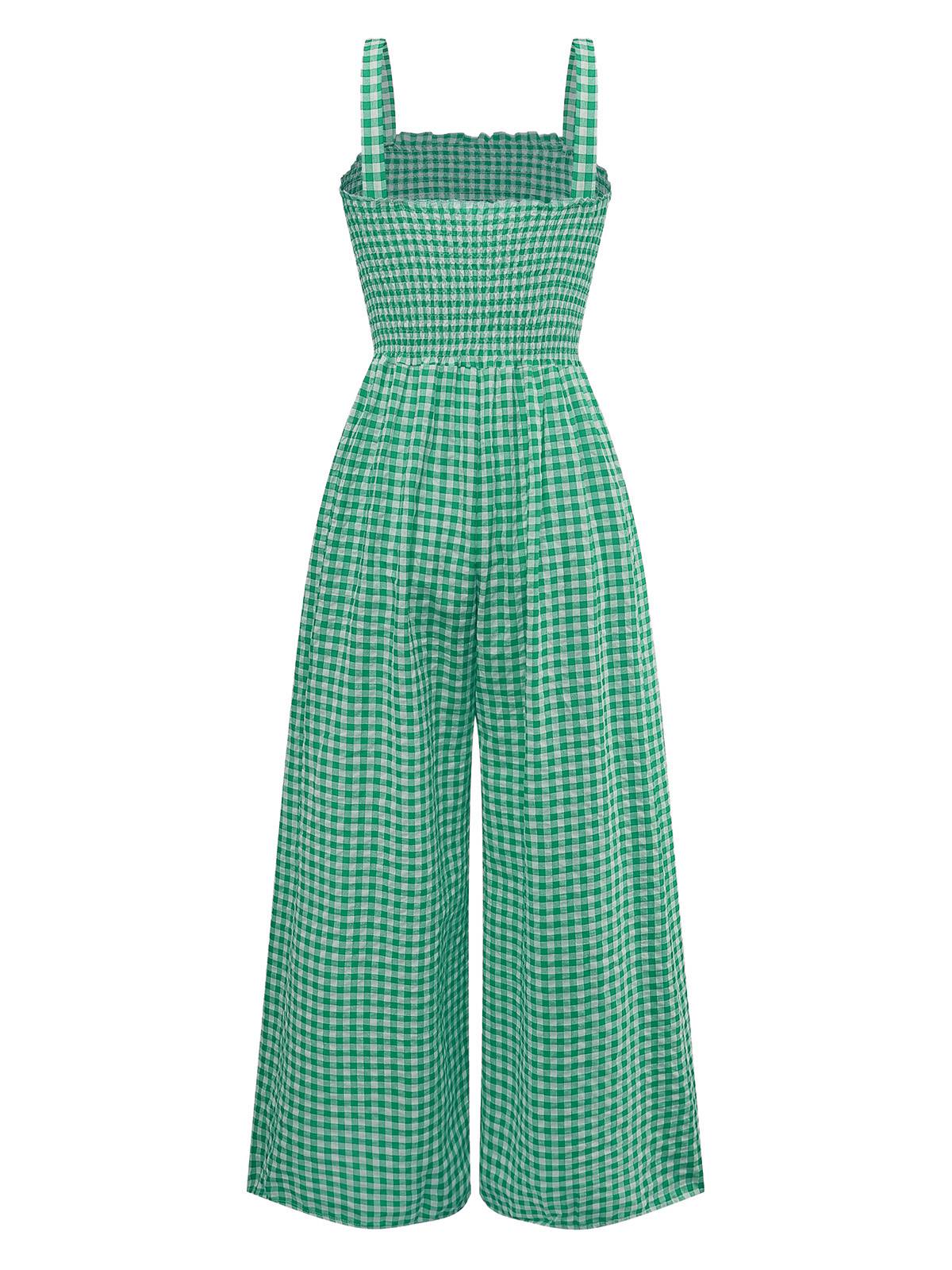 1950s Gingham Plaid Smocked Strap Jumpsuit - Image 9