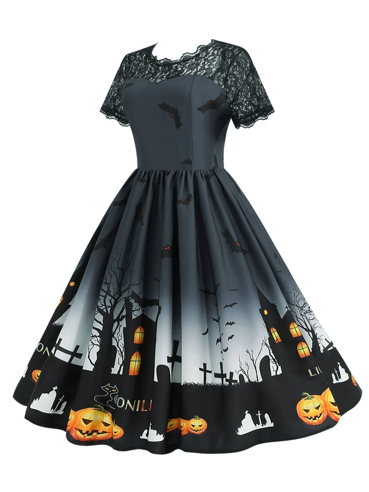 1950s Halloween Lace Patchwork Short Sleeves Dress - Image 2