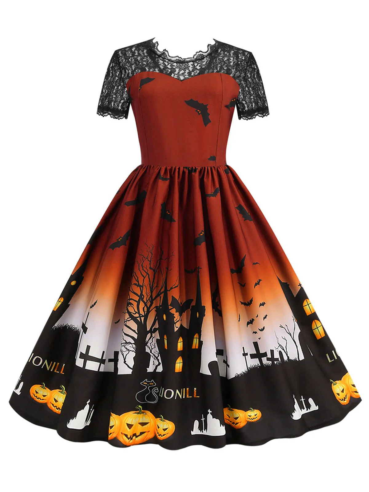 1950s Halloween Lace Patchwork Short Sleeves Dress - Image 4