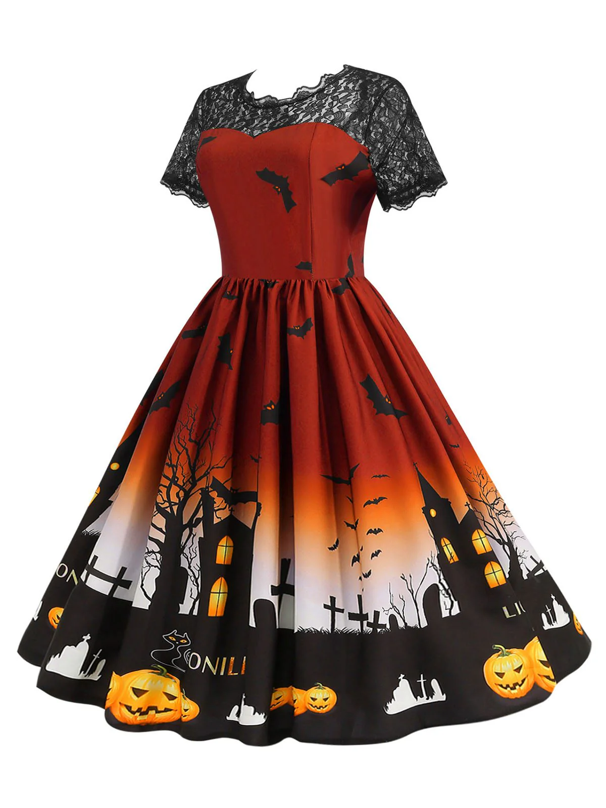 1950s Halloween Lace Patchwork Short Sleeves Dress - Image 5