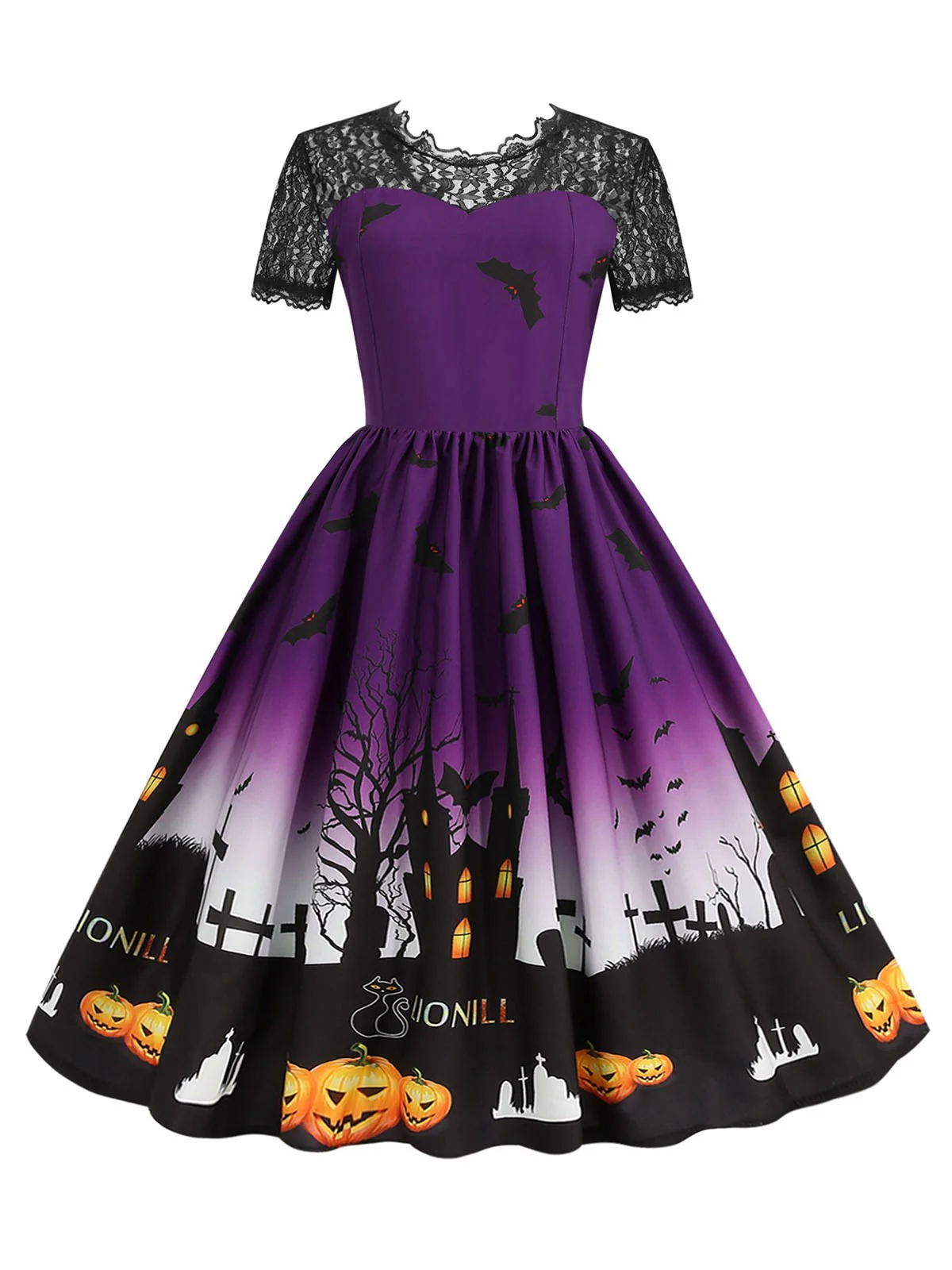 1950s Halloween Lace Patchwork Short Sleeves Dress - Image 7