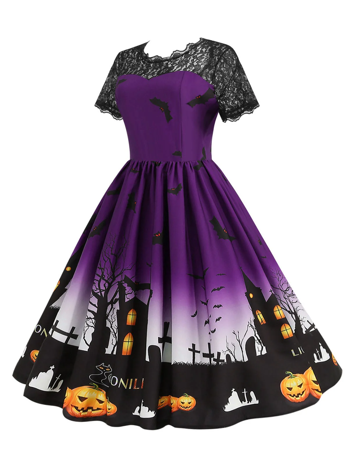 1950s Halloween Lace Patchwork Short Sleeves Dress - Image 8