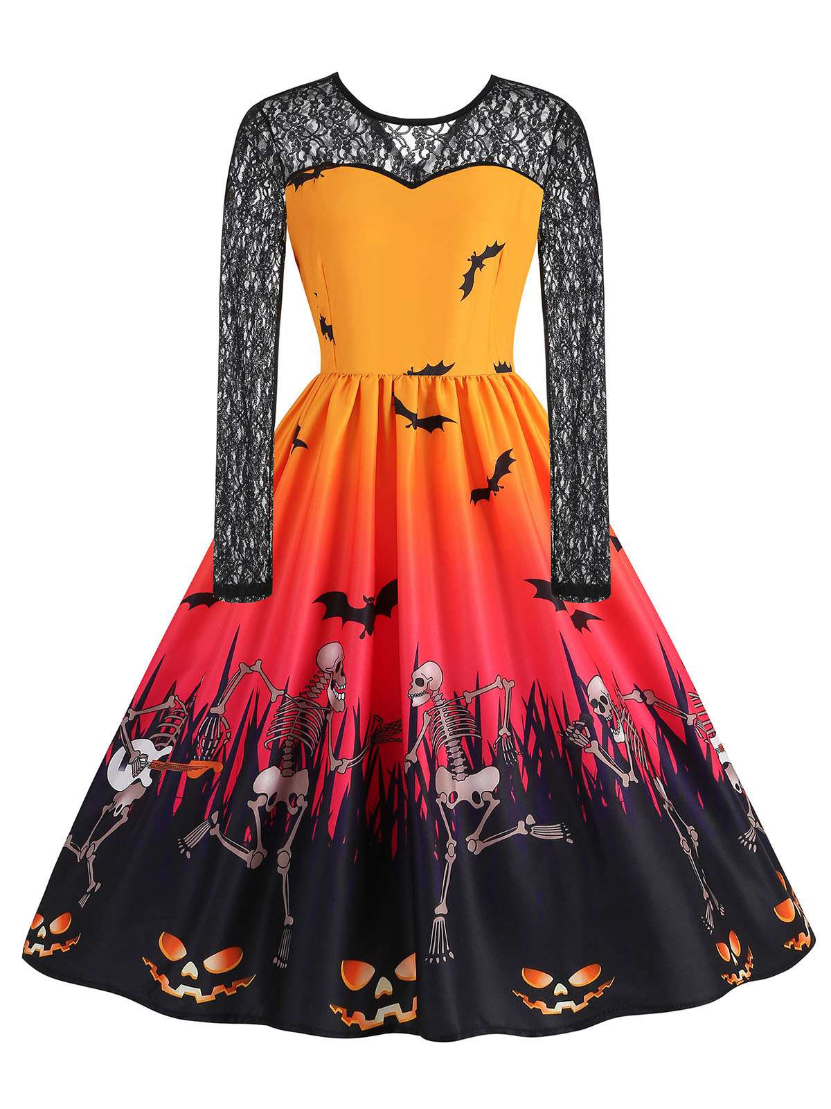 1950s Halloween Lace Sleeves Patchwork Dress - Image 4