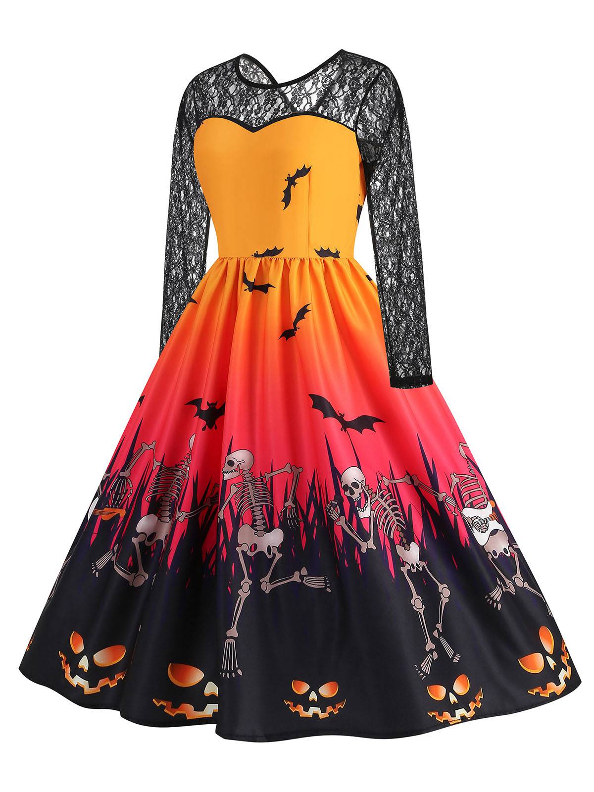 1950s Halloween Lace Sleeves Patchwork Dress - Image 5