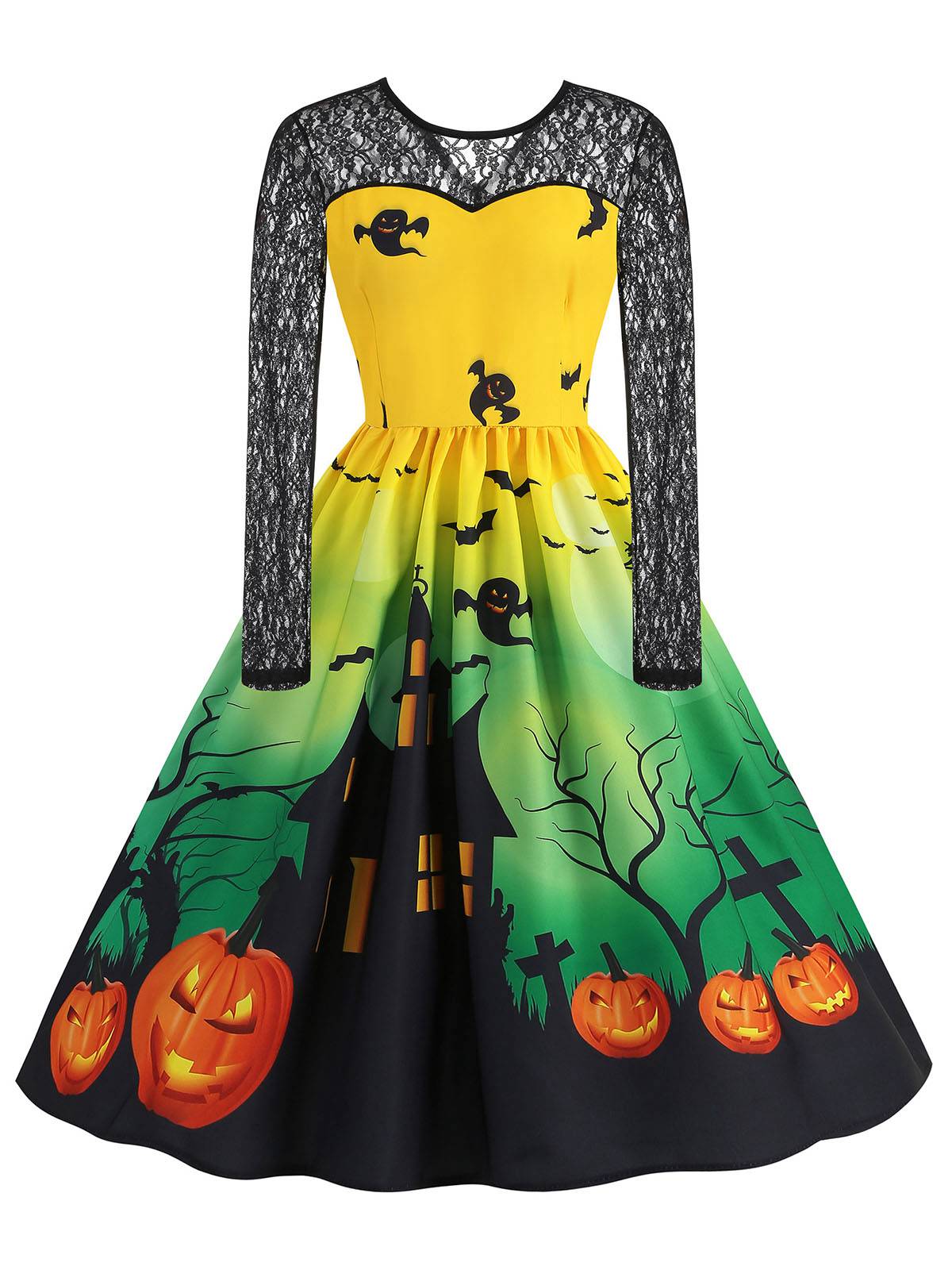 1950s Halloween Lace Sleeves Patchwork Dress - Image 7