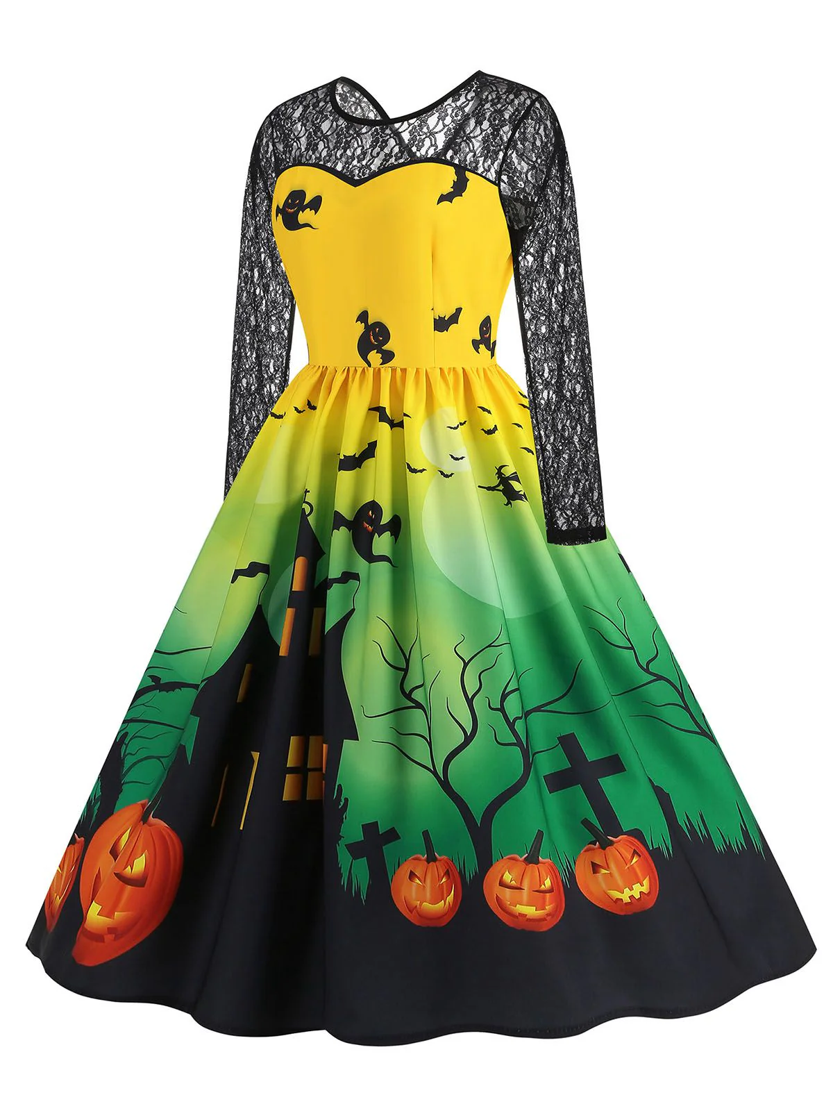 1950s Halloween Lace Sleeves Patchwork Dress - Image 8
