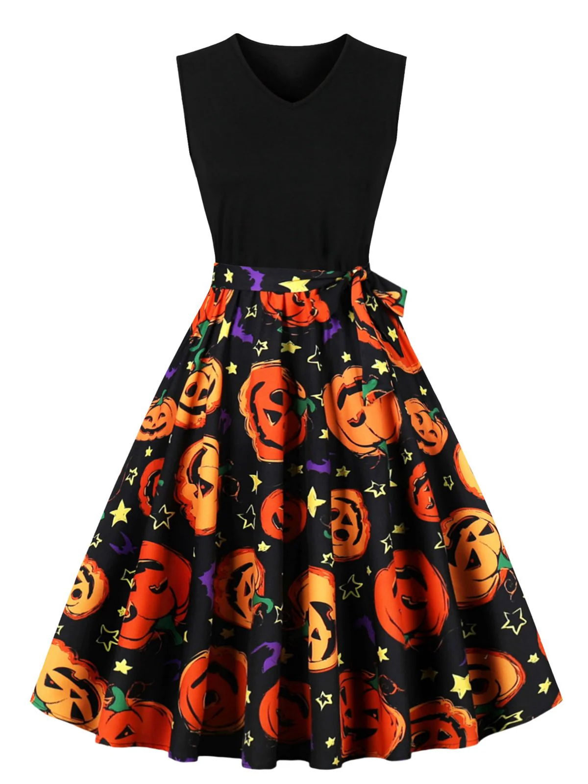 1950s Halloween Patchwork Belt Swing Dress - Image 8