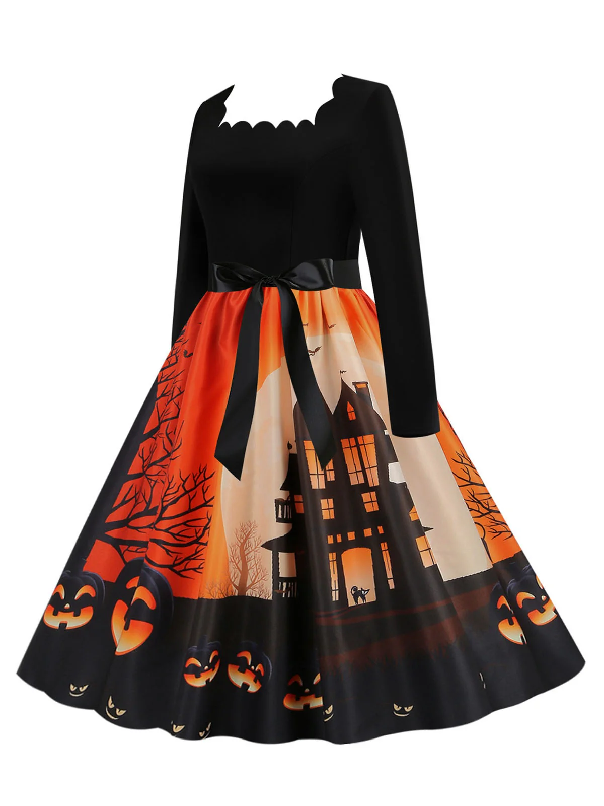 1950s Halloween Patchwork Long Sleeves Dress - Image 2