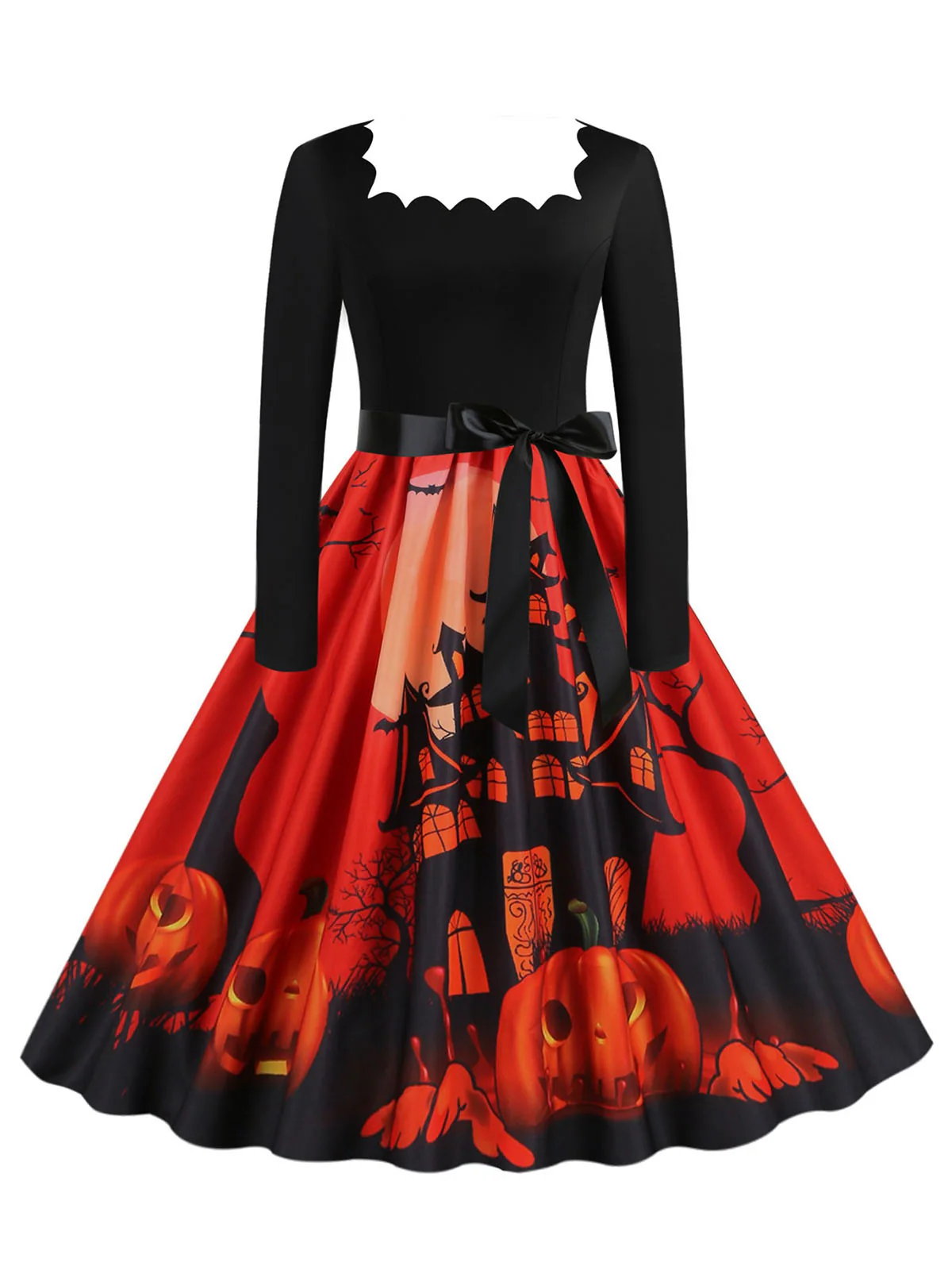1950s Halloween Patchwork Long Sleeves Dress - Image 4