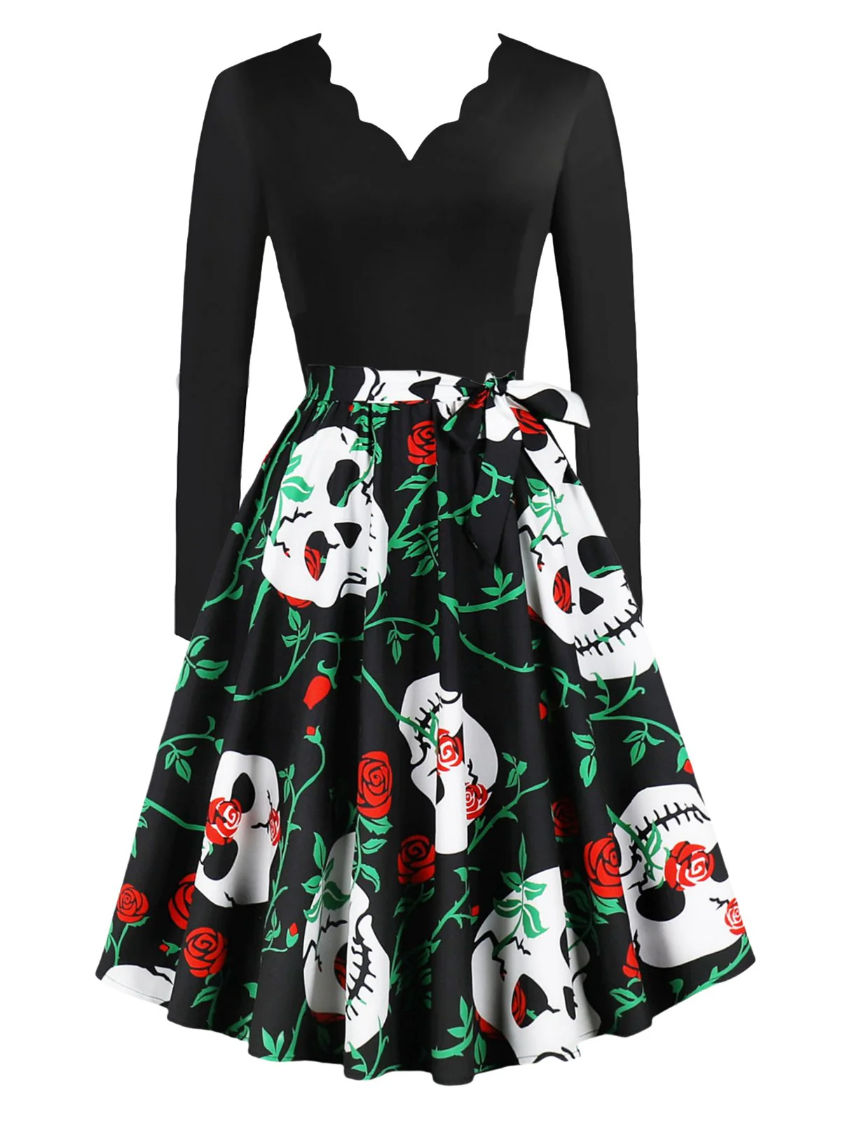 1950s Halloween Pattern Wave Neck Patchwork Dress - Image 6