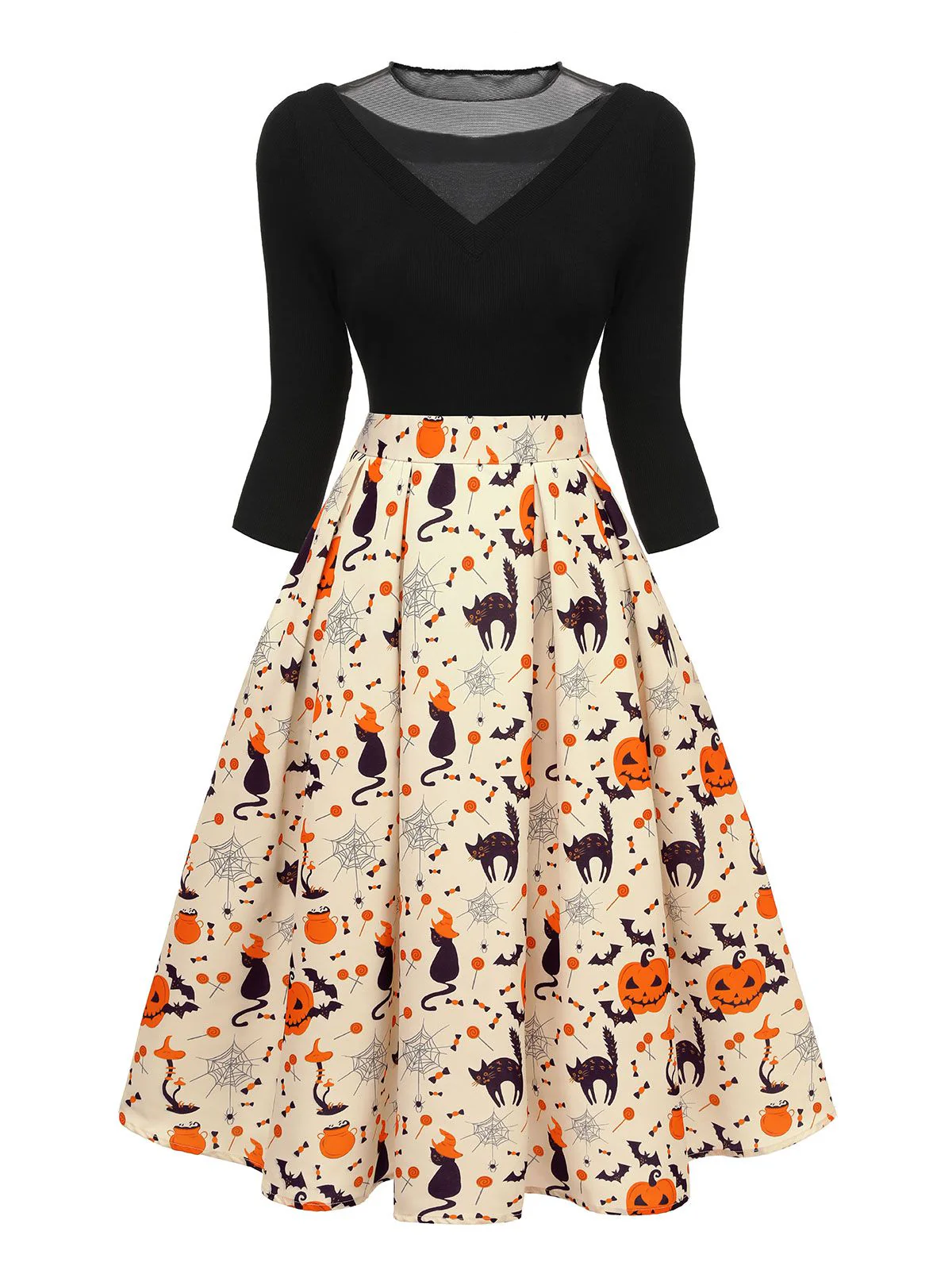 1950s Halloween Pumpkin Cat Knitted Top Patchwork Dress - Image 2