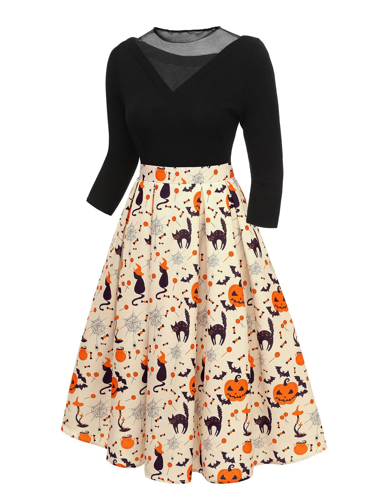 1950s Halloween Pumpkin Cat Knitted Top Patchwork Dress - Image 3