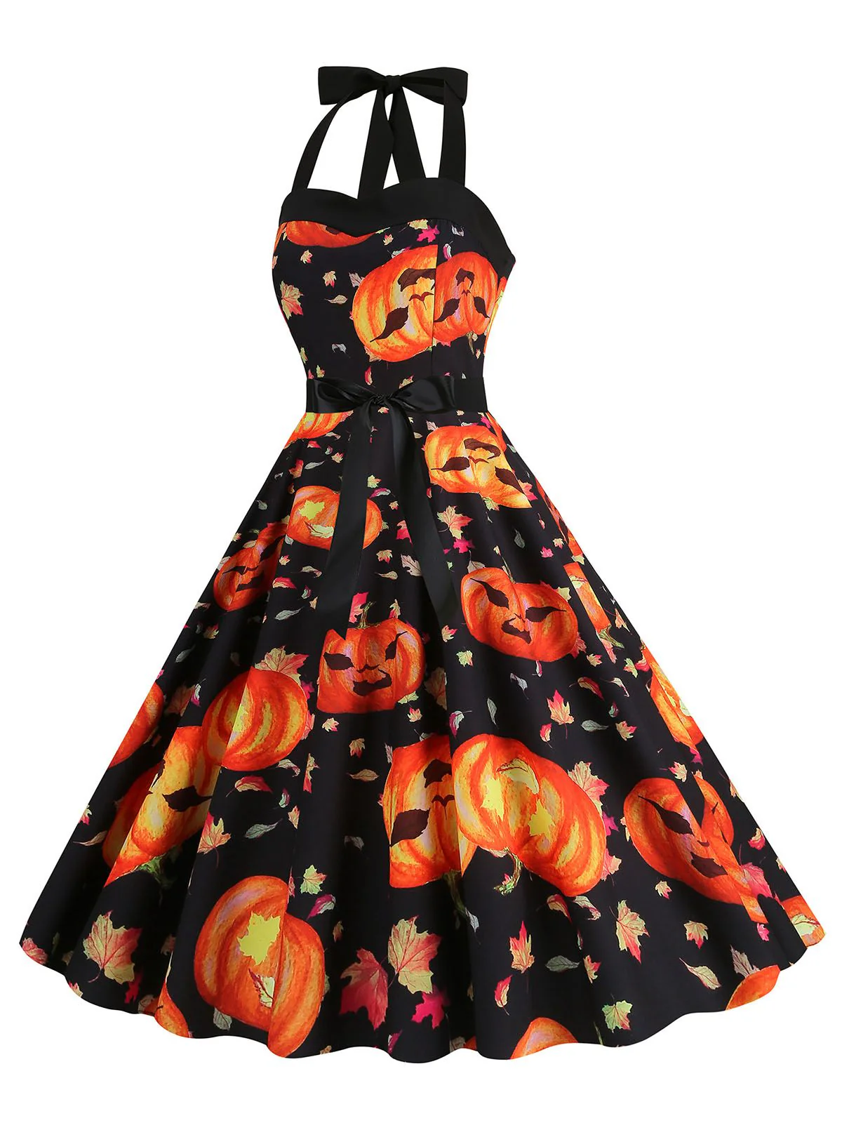 1950s Halloween Pumpkin Face Halter Dress - Image 2