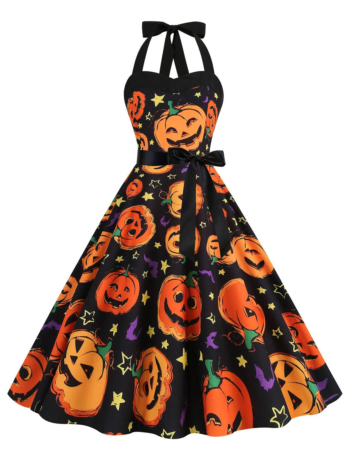 1950s Halloween Pumpkin Face Halter Dress - Image 4