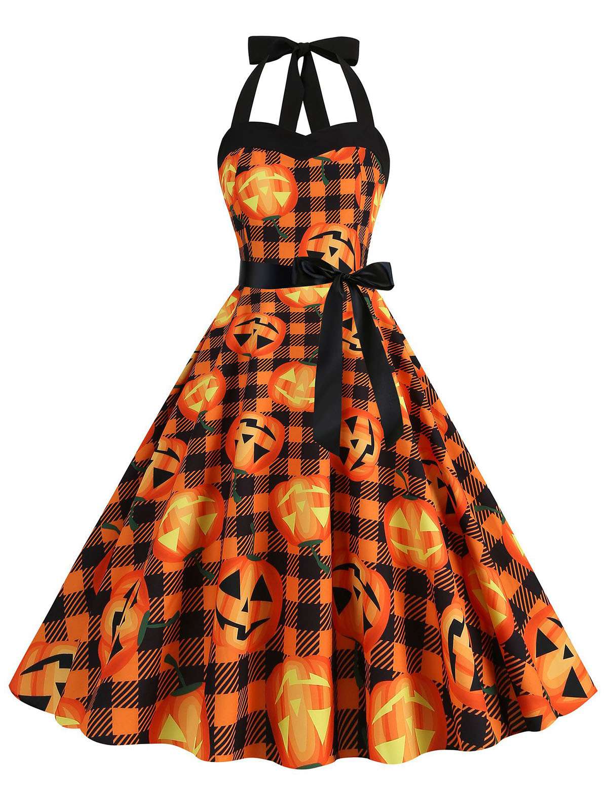 1950s Halloween Pumpkin Face Halter Dress - Image 7