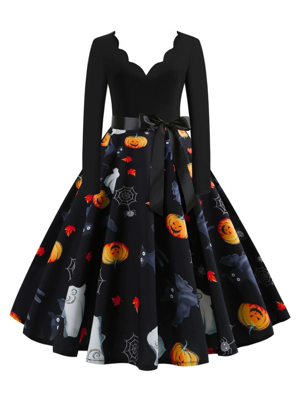 1950s Halloween Pumpkin Spiderweb Petal Neck Dress - Image 3
