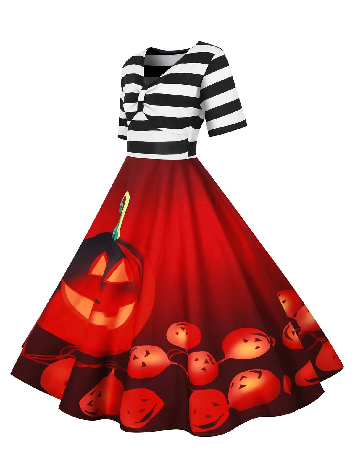 1950s Halloween Pumpkin Striped Patchwork Dress - Image 2