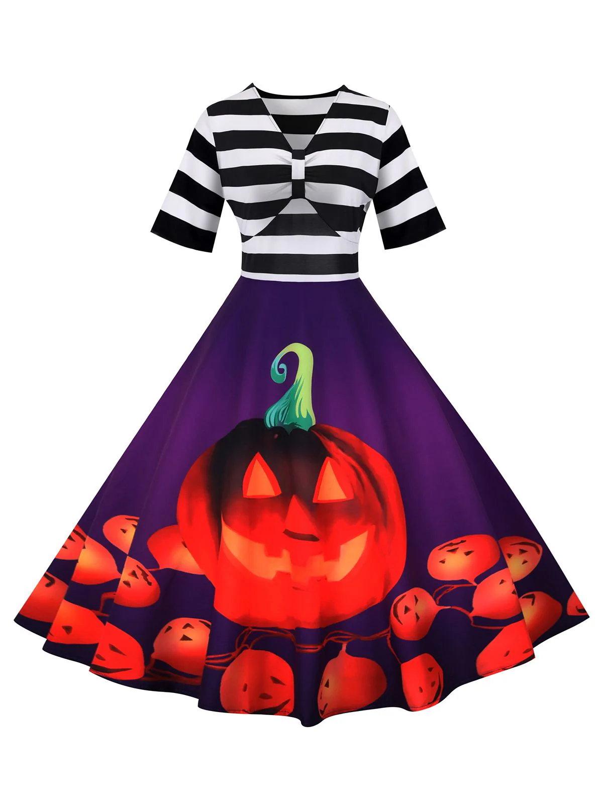 1950s Halloween Pumpkin Striped Patchwork Dress - Image 4