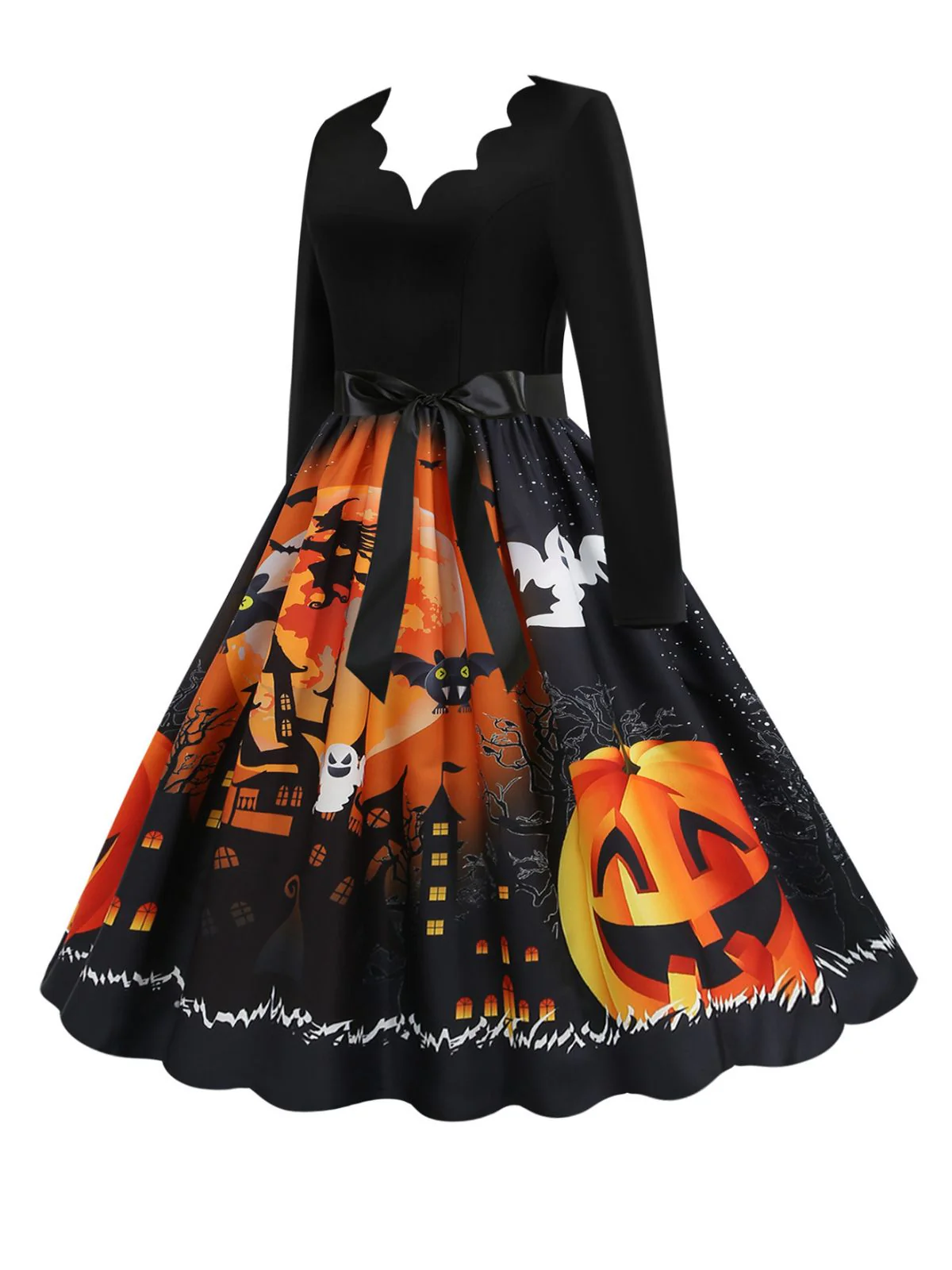 1950s Halloween Pumpkin V-Neck Hepburn Dress - Image 2