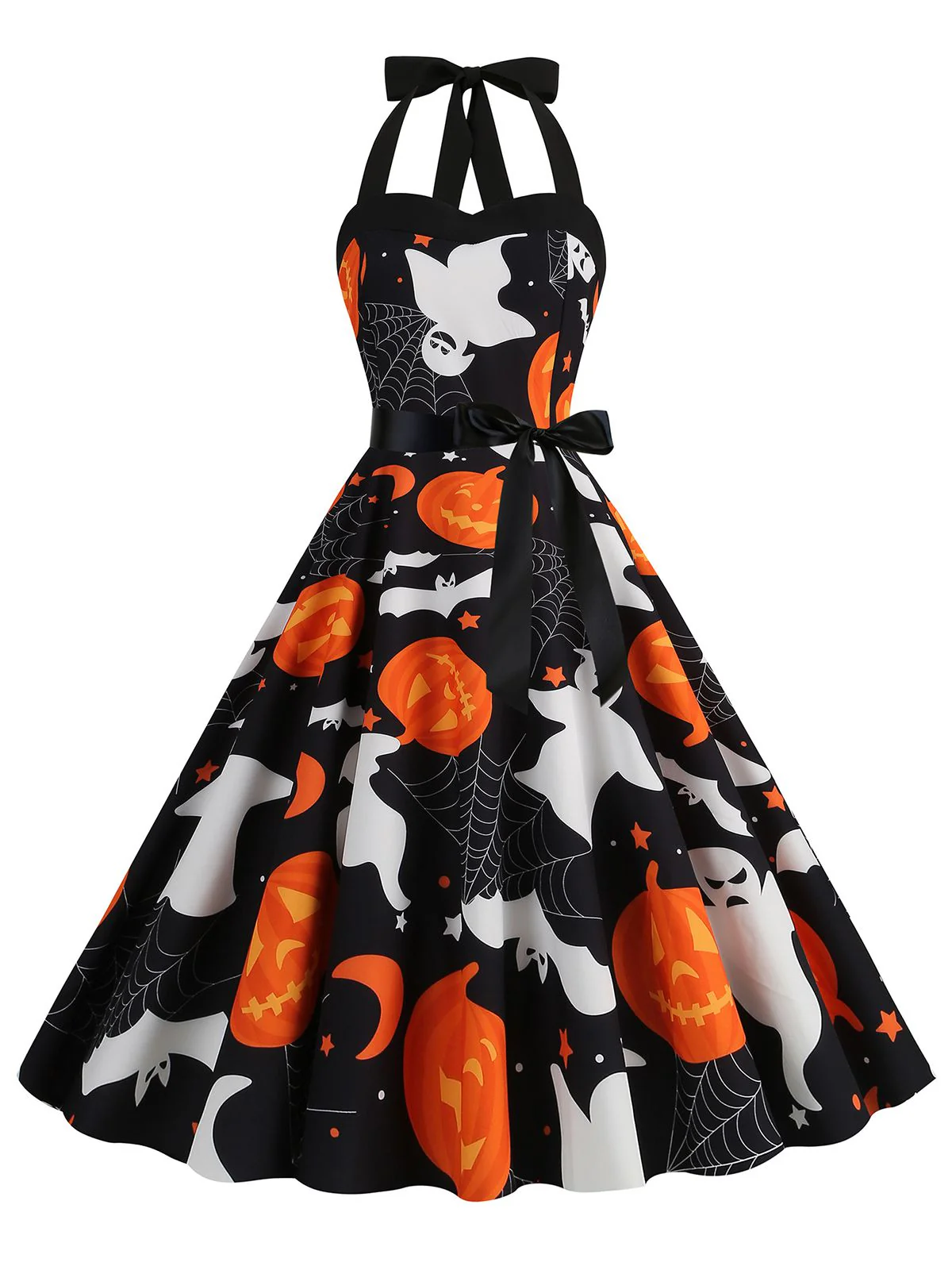 1950s Halloween Skull Halter Lace-Up Dress - Image 10