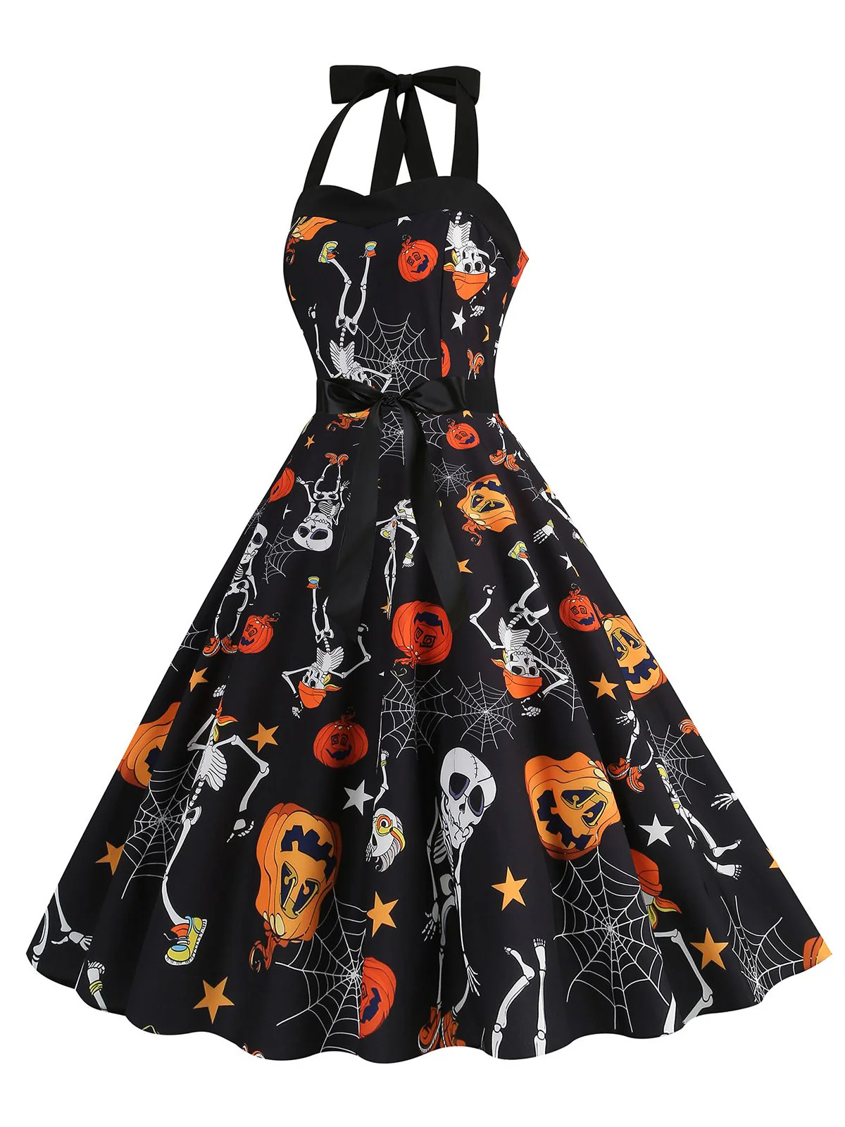 1950s Halloween Skull Halter Lace-Up Dress - Image 2