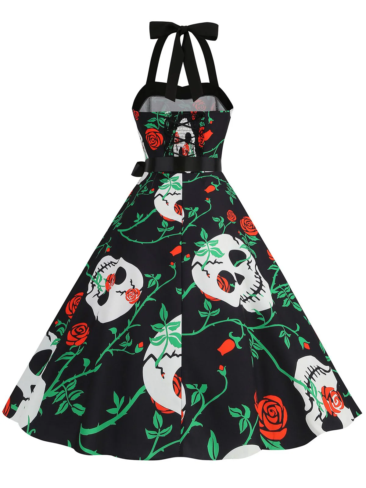 1950s Halloween Skull Halter Lace-Up Dress - Image 5