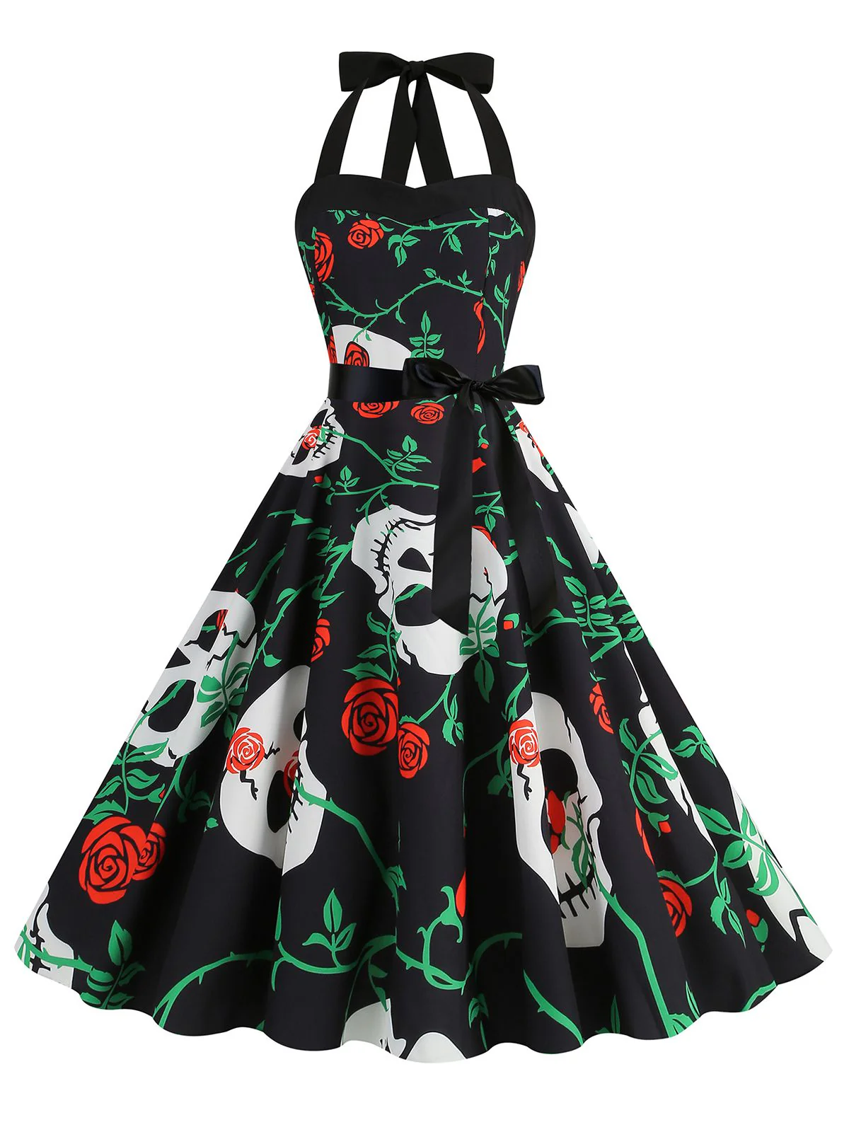 1950s Halloween Skull Halter Lace-Up Dress - Image 6