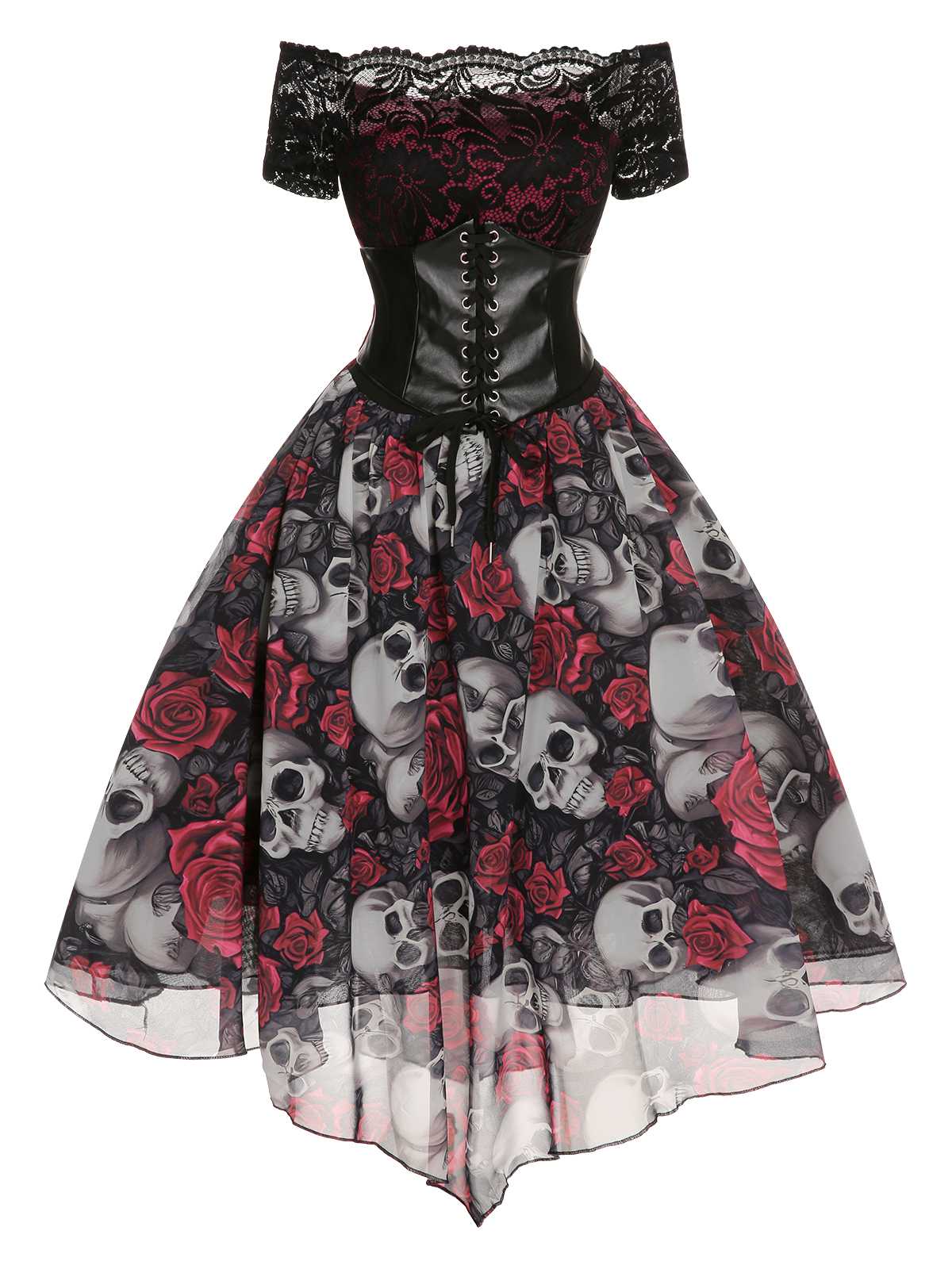 1950s Halloween Skull Rose Lace Mesh Dress - Image 2