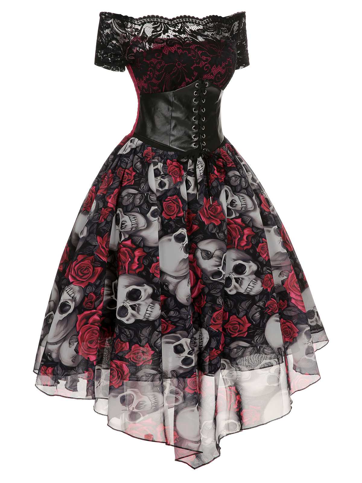 1950s Halloween Skull Rose Lace Mesh Dress - Image 3