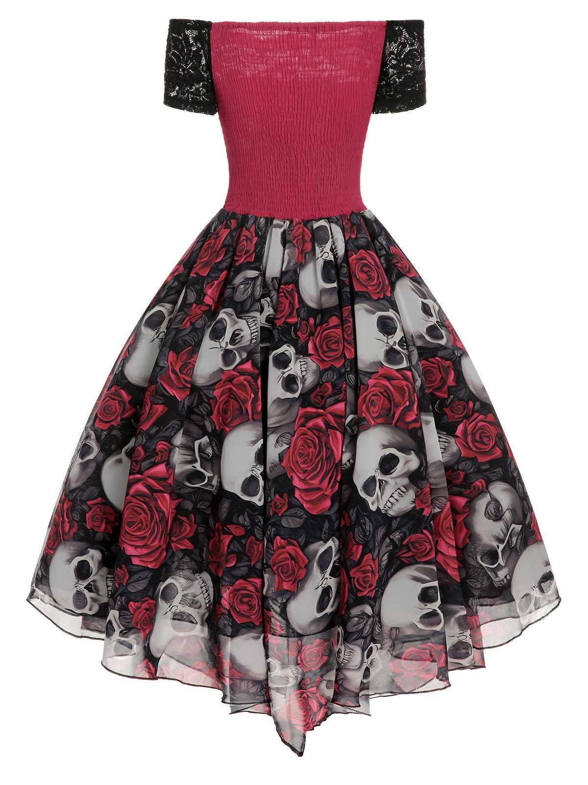 1950s Halloween Skull Rose Lace Mesh Dress - Image 4