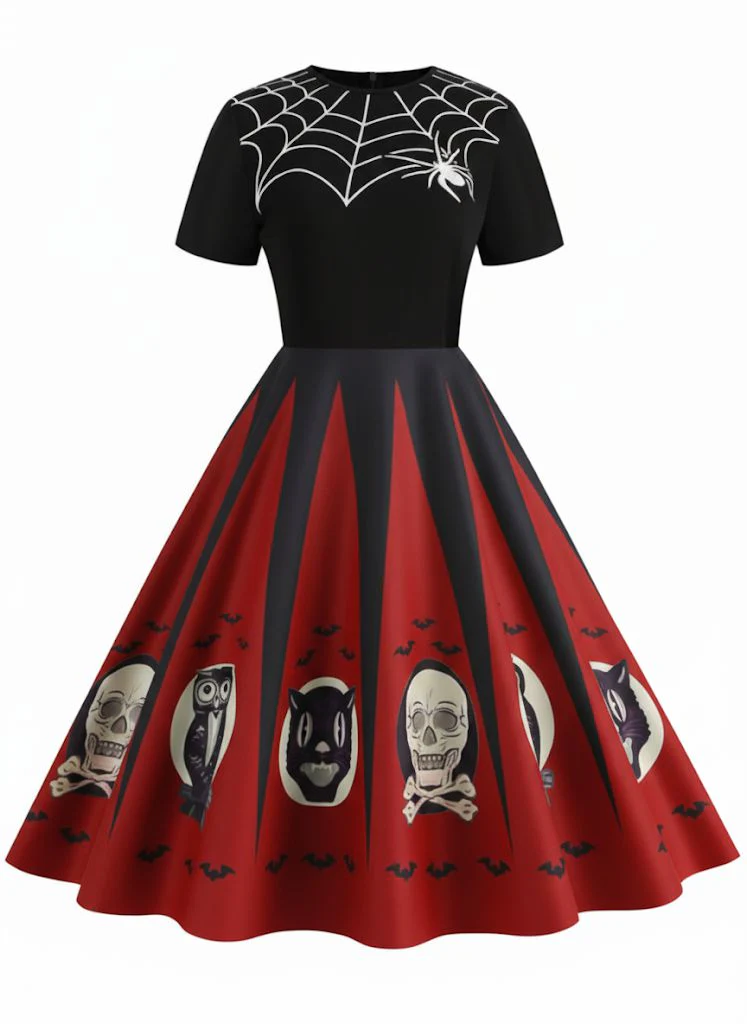 1950s Halloween Spider Web Print Patchwork Dress - Image 4