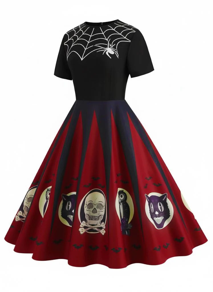 1950s Halloween Spider Web Print Patchwork Dress - Image 5
