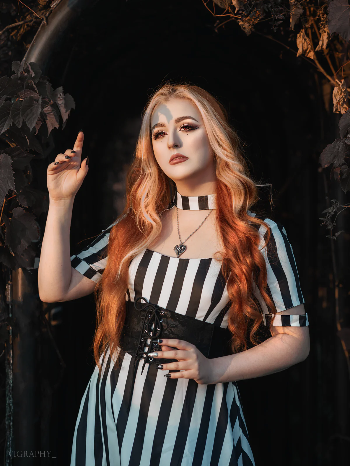 1950s Halloween Striped Hollow Collar Dress - Image 2