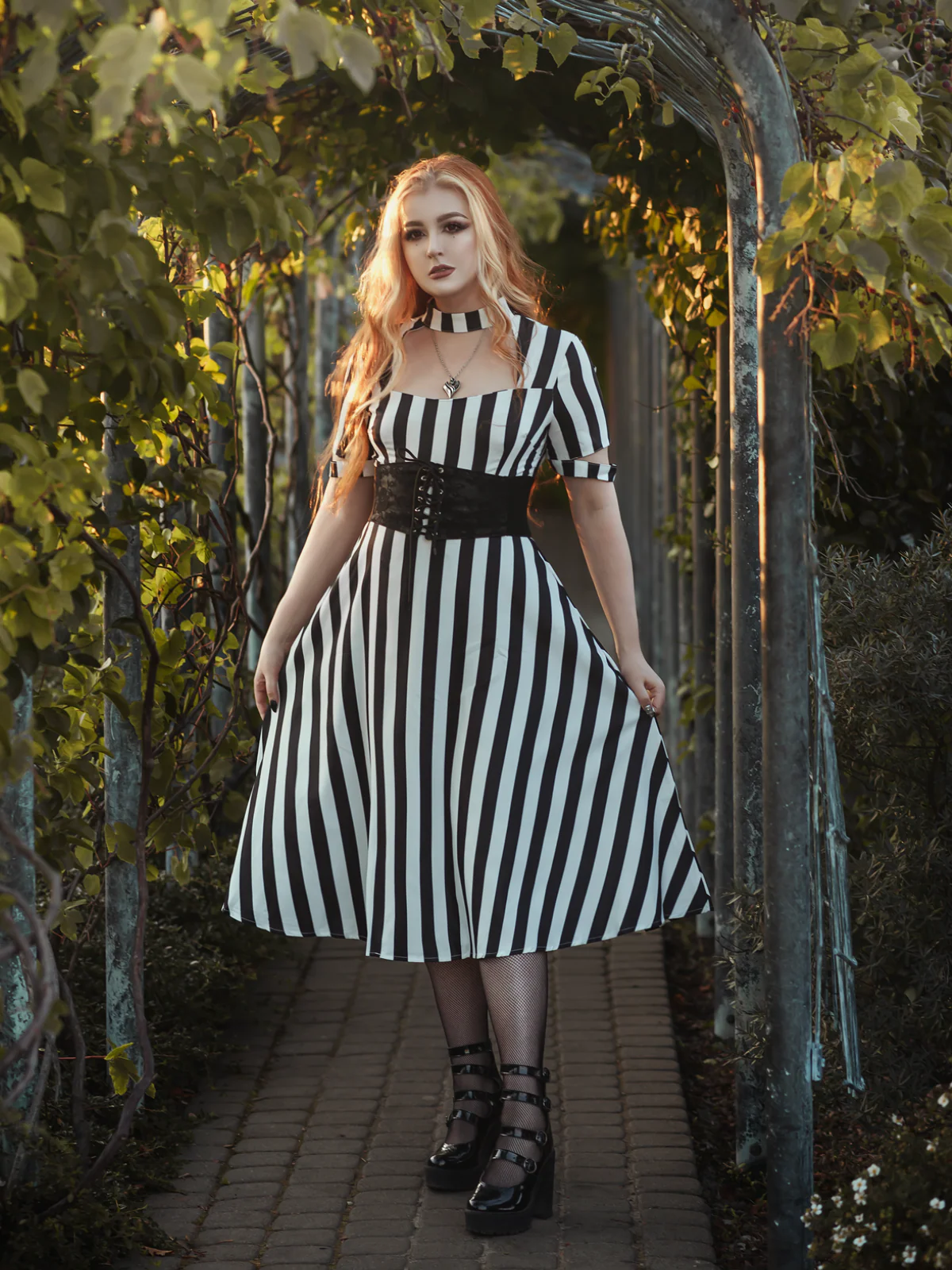 1950s Halloween Striped Hollow Collar Dress - Image 3