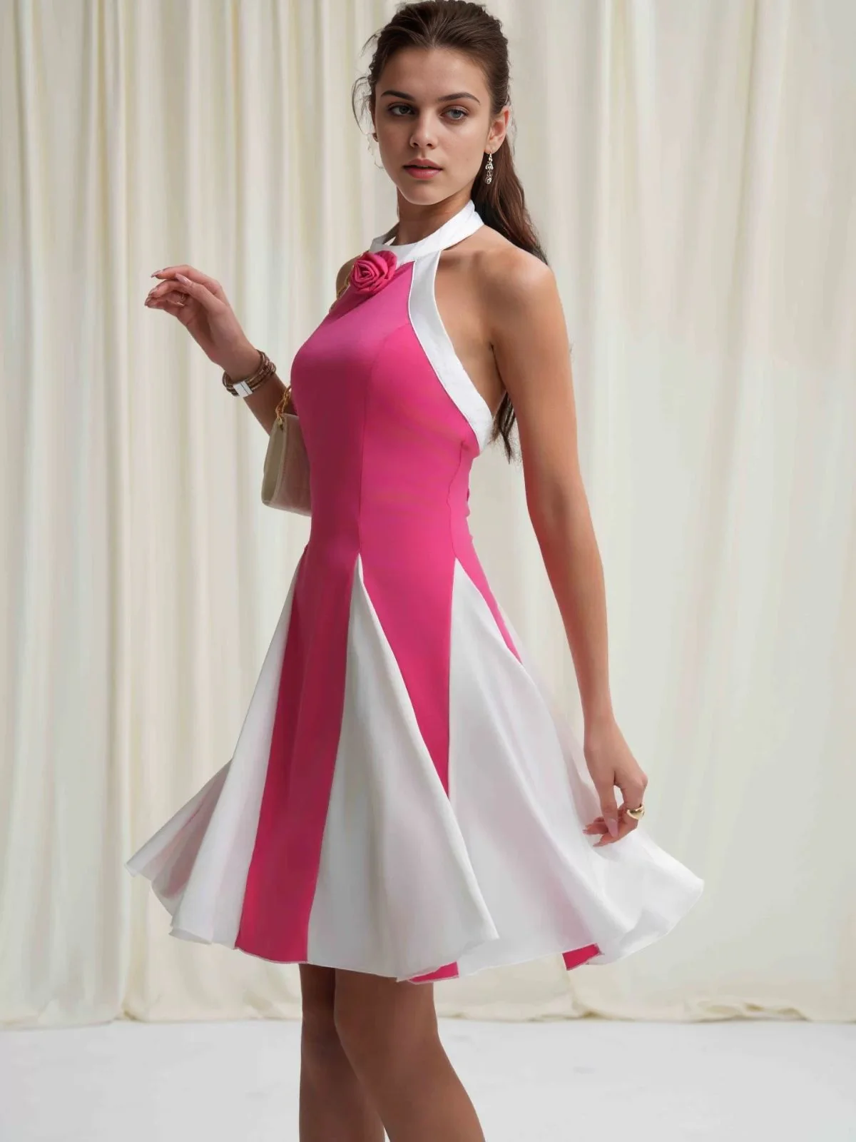 1950s Halter Colorblock 3D Floral Backless Dress - Image 4