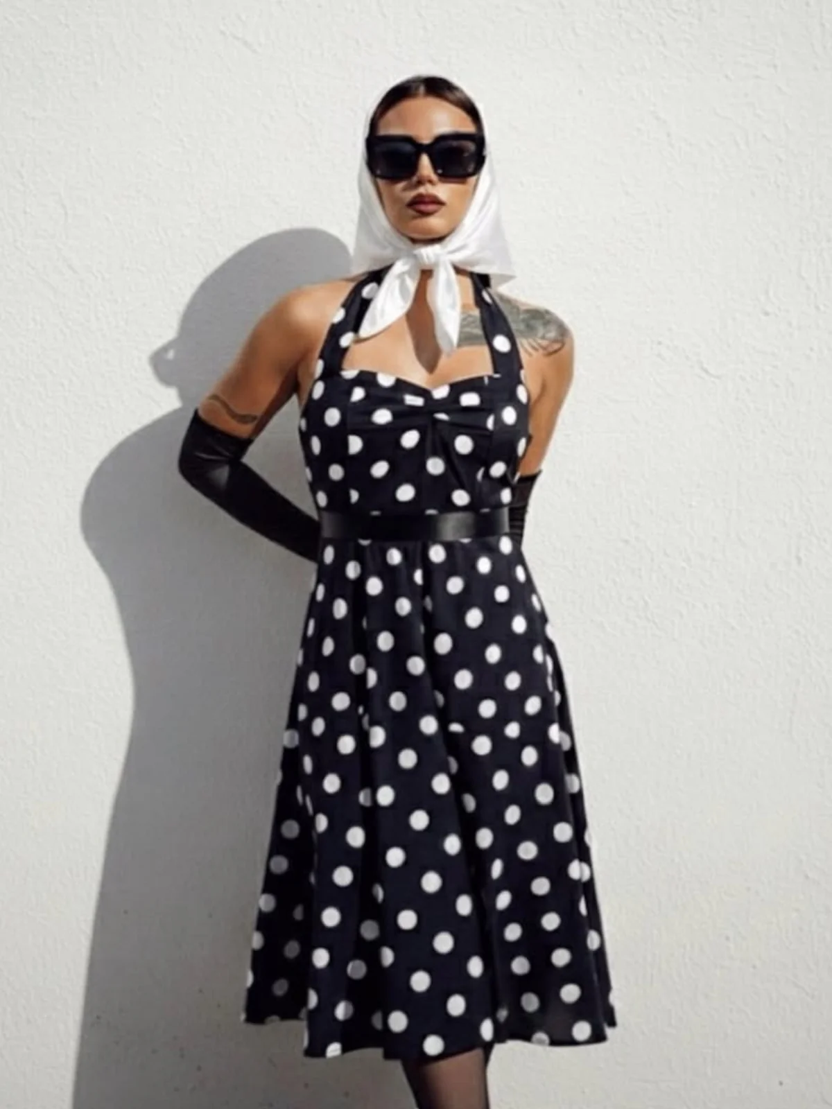 1950s Halter Contrast Polka Dots Belted Dress - Image 2