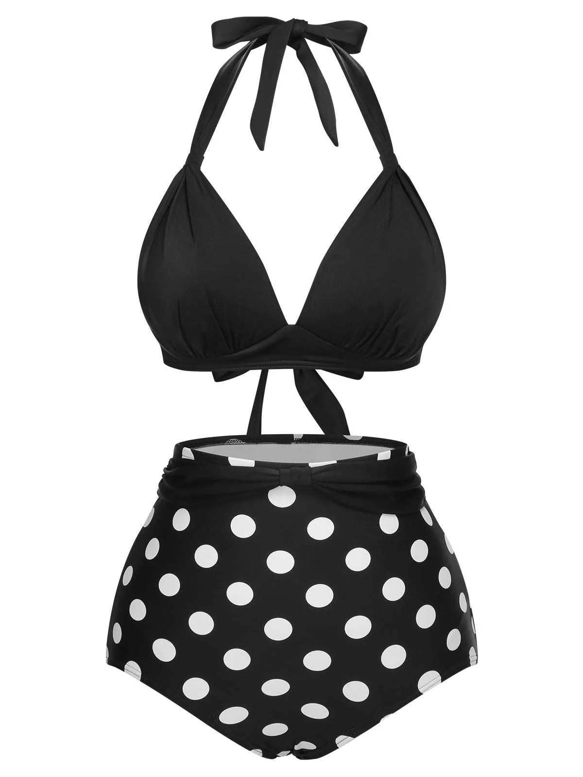 1950s Halter Contrast Polka Dots Swimsuit - Image 2