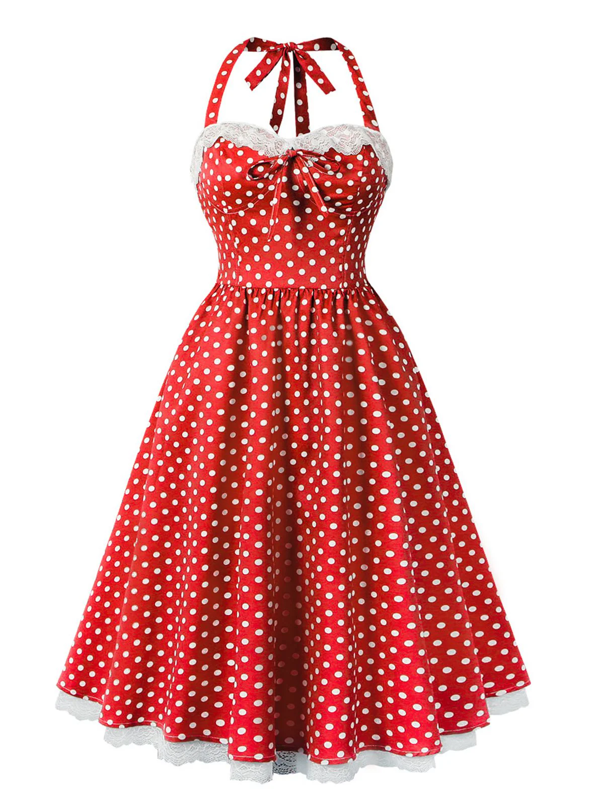 1950s Halter Lace Patchwork Polka Dots Dress - Image 7
