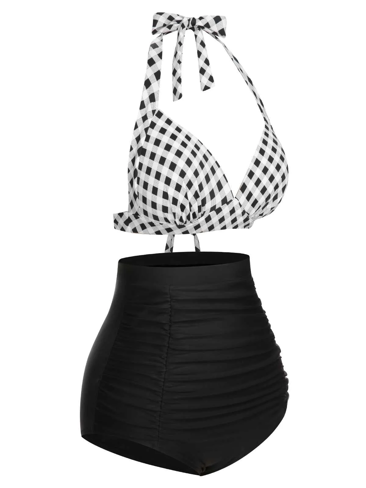 1950s Halter Plaids Lace-Up High Waisted Swimsuit - Image 6