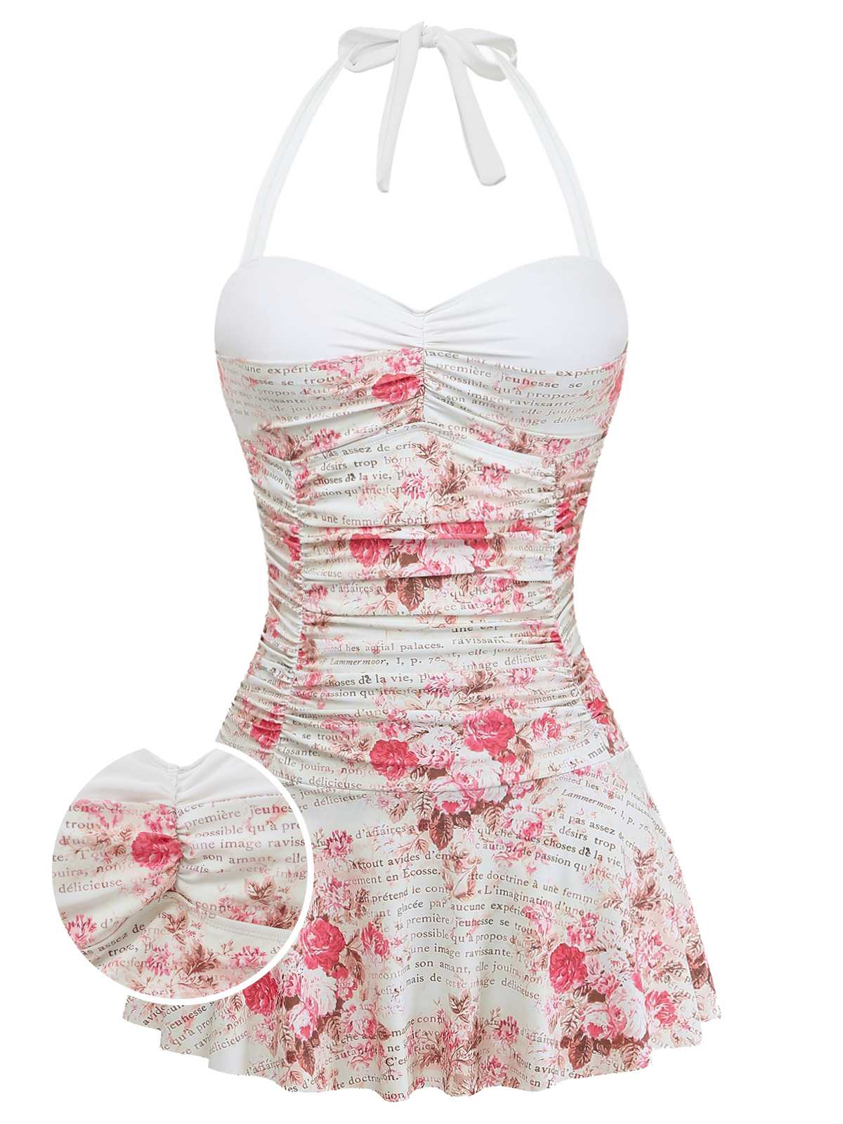 1950s Halter Roses Ruched Tummy Control Swimdress - Image 2