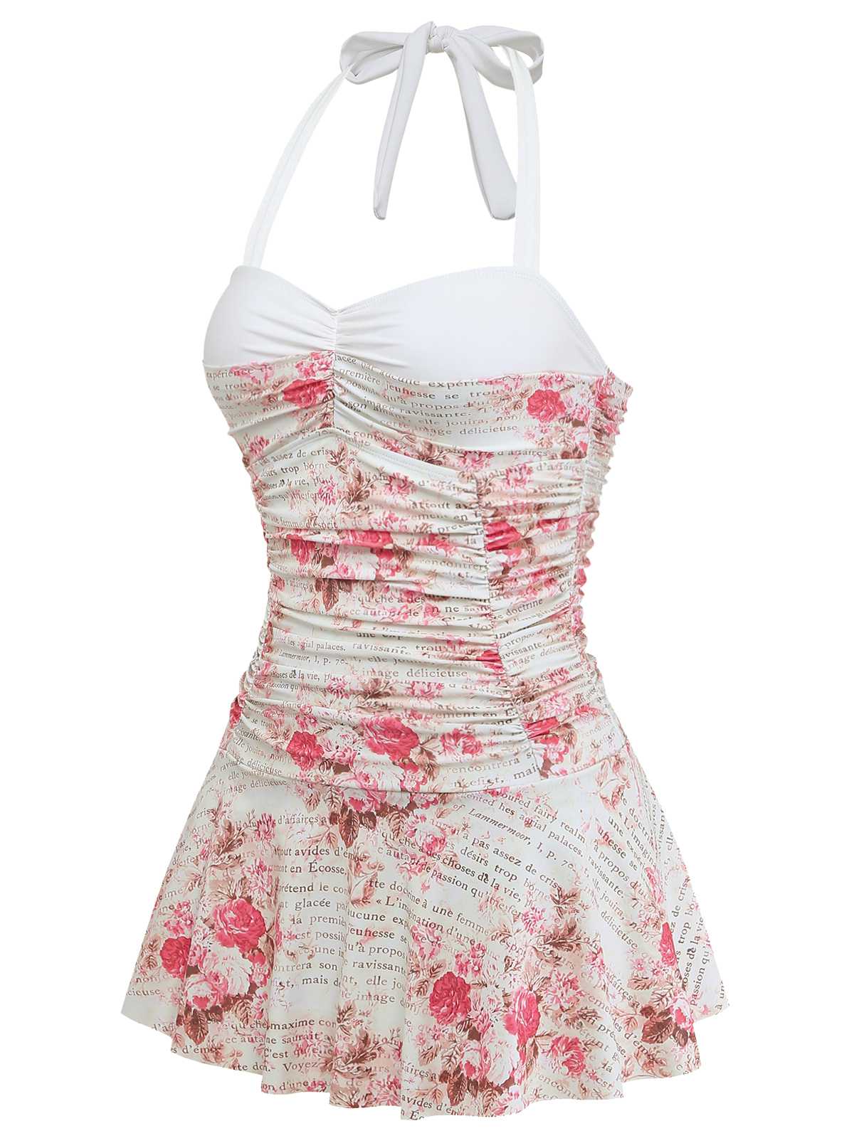 1950s Halter Roses Ruched Tummy Control Swimdress - Image 3